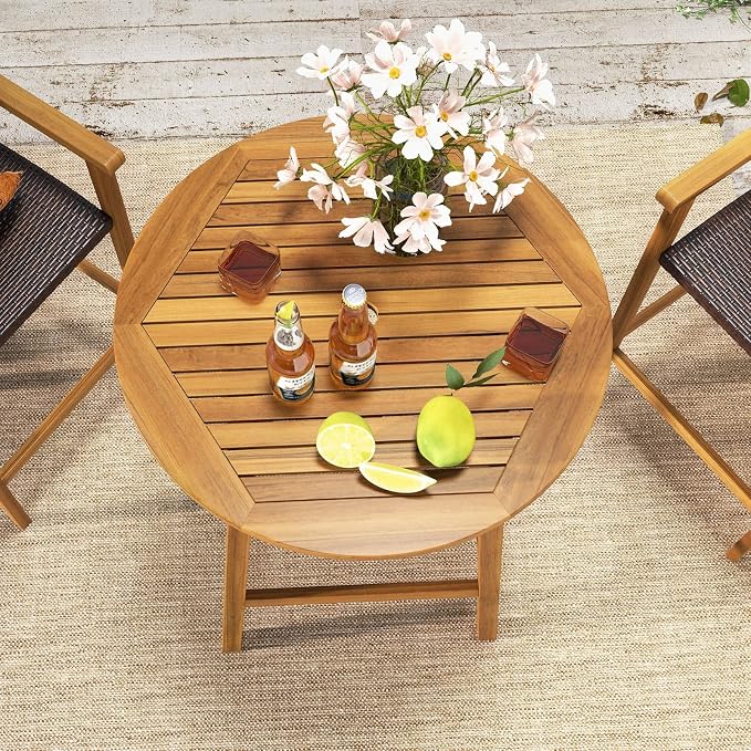 Tangkula 31.5” Acacia Wood Patio Bar Table, Round Bistro Table with Umbrella Hole, Outdoor Dining Table for Garden, Backyard, Poolside