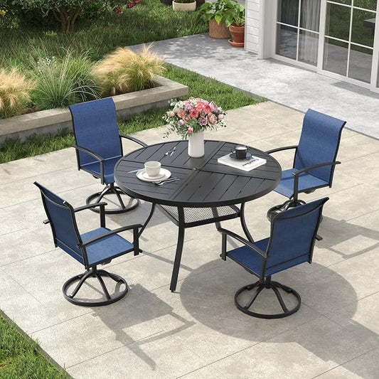 VICLLAX Outdoor Table and Chairs Set for 4, Patio Dining Set of 40.6" Metal Round Patio Table with Umbrella Hole & 4 Swivel Outdoor Dining Chairs for Backyard Lawn, Dark Blue & Black