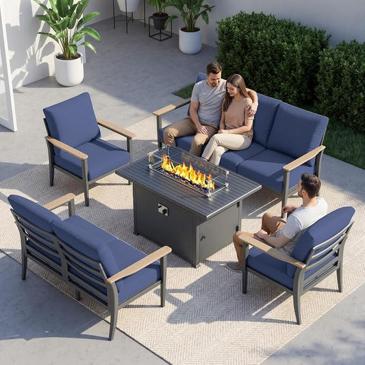 Aluminum Outdoor Patio Furniture Set, 5-Piece Sectional Sofa with 5.1" Thick Cushions, 55,000 BTU Propane Fire Pit Table, Outdoor Couch for Backyard, Deck, Navy Blue