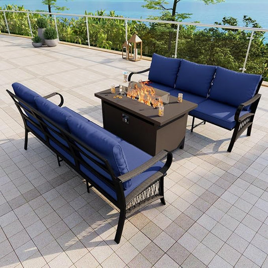 Outdoor Furniture Set, Patio Conversation Set Include 2 x 3-Seater and Fire Pit Table for Deck, Porch, Garden, Backyard, Poolside (Blue, 3-Piece)