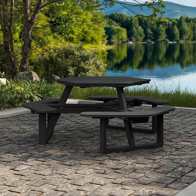 Shoreline Made in USA Hexagon Picnic Table, Seating for 6, Black Sand