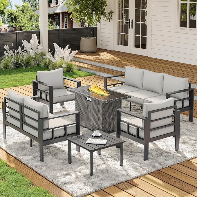 UDPATIO Aluminum Outdoor Furniture Set with Fire Pit Table, 6 Pieces All-Weather & UV-Resistant Patio Sectional Sofa Set for Deck, Backyard, Poolside, Light Gray