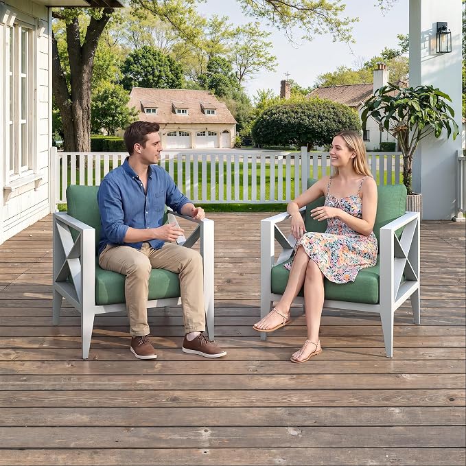 2 Piece Aluminum Patio Furniture Set, Modern Outdoor Patio Conversation Sets with Ergonomic Armhairs, 6" Thick Washable Cushions for Balcony, Porch, Backyard,White