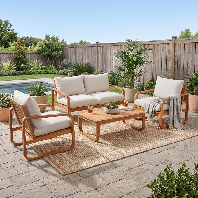 4-Piece Acacia Wood Outdoor Patio Furniture Set, All Weather Conversation Set with Loveseat, 2 Chairs, Coffee Table, Woven Rope Accents and Cushions for Backyard Pool