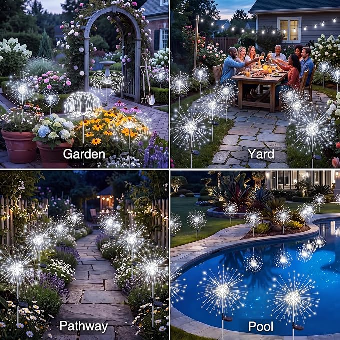 btfarm 4 Pack Solar Garden Lights Outdoor, 8 Modes Firework Lights Outside | 120LED, Waterproof Fairy Twinkle Light Solar Powered for Yard Christmas Pathway Lawn Pool Patio Decorative, Cool White