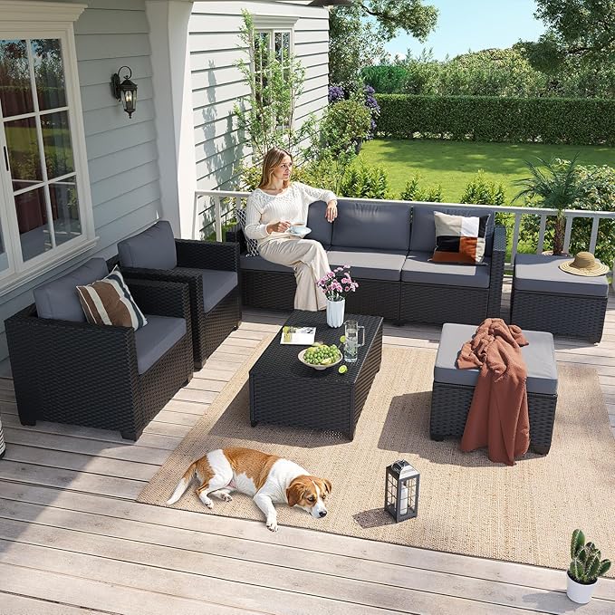Aoxun 8 Piece Outdoor Patio Furniture Set 7 Seats, Outdoor Sectional with Waterproof Cushions, Patio Conversation Sets for Garden,Backyard, Deck, Porch, Black & Grey