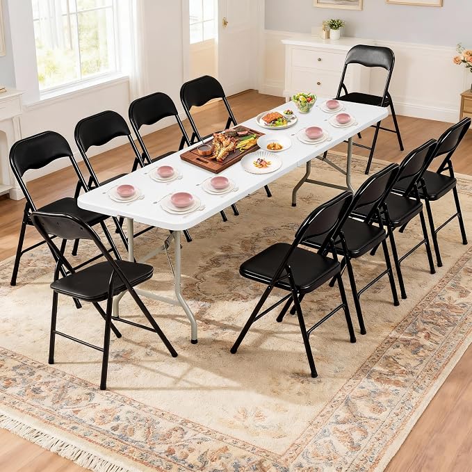 Elevon Folding Table Set with 10 Black Folding Chairs,8 Feet Heavy Duty Fold-in-Half Utility Table Sets for Picnic, Event, Training, Outdoor Activities, at Home and Commercial Use