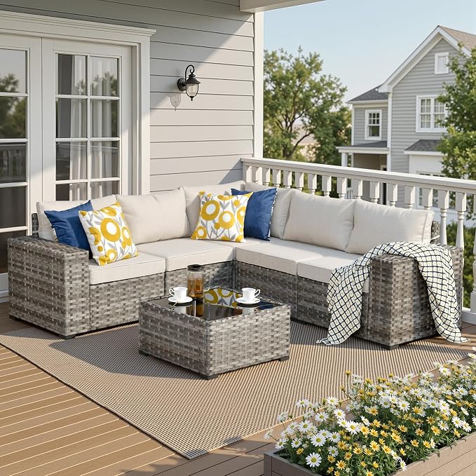 6 Pieces Patio Furniture Set, Outdoor Wicker Sectional Sofa with 7.7" Extra Wide Armrests, Modern Rattan Modular Conversation Set with Thickened Deep Seat Cushions & Coffee Table for Backyard, Beige