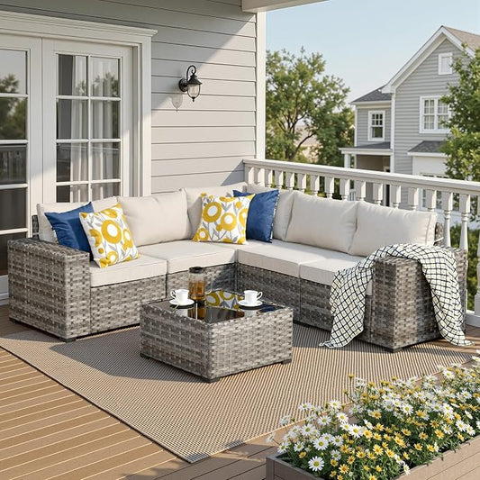 6 Pieces Patio Furniture Set, Outdoor Wicker Sectional Sofa with 7.7" Extra Wide Armrests, Modern Rattan Modular Conversation Set with Thickened Deep Seat Cushions & Coffee Table for Backyard, Beige