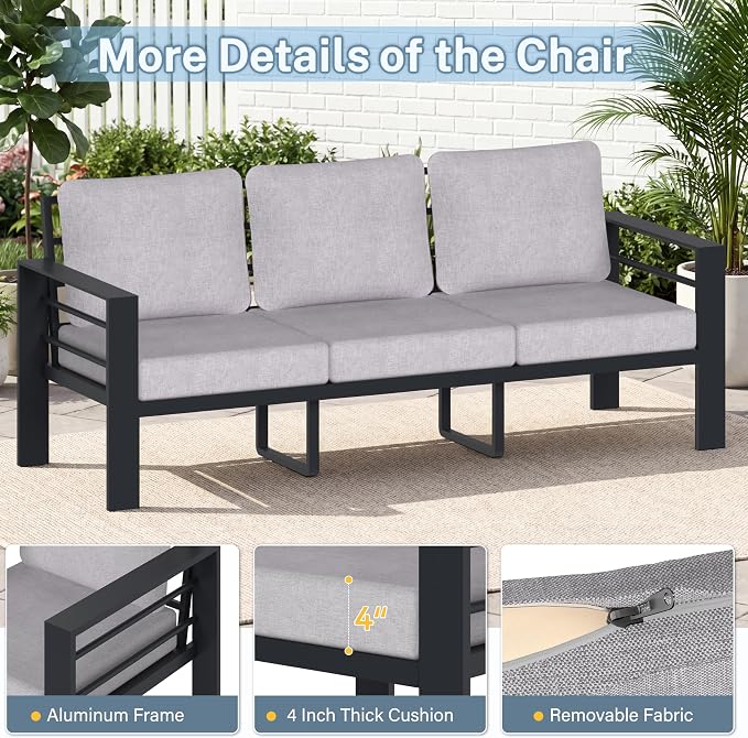 3-Seater Outdoor Patio Sofa, Metal Outdoor Couch with 3.54” Wide Seat and Thick Cushions, Modern Heavy Duty Patio Furniture for Backyard, Garden