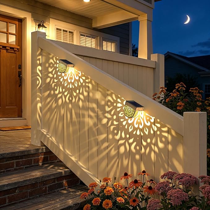Solar Fence Lights 6 Pack Solar Step Lights Outdoor Waterproof LED Solar Powered Wall Lights Outdoor Decorations Warm Yellow Light Decorative Lighting for, Front Door, Backyard (Gold)