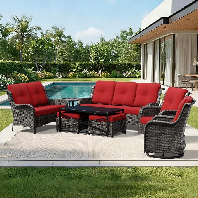 Joyside 8 Piece Wicker Patio Furniture Set, Outdoor Swivel Rocker Patio Chairs with High Back, Deep Seating, Wide Armrest, Thickened Cushions, Outdoor Furniture for Deck, Porch Use