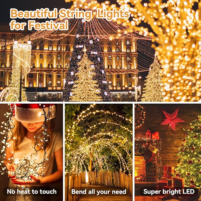 Battery Operated String Lights, 33Ft 100LED Warm White Fairy Lights, IP65 Waterproof Remote Control Timer 8 Modes for Christmas Garden Wedding Party Patio Indoor Outdoor Decor