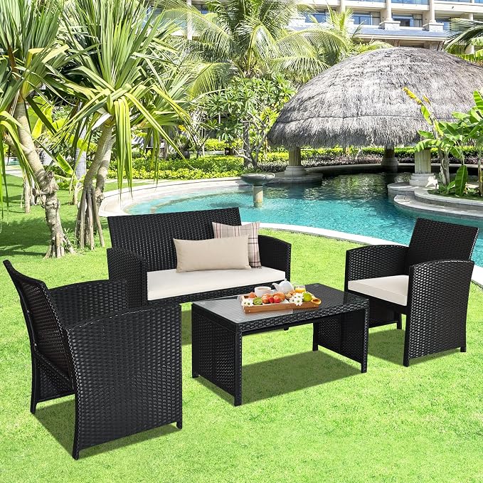 DORTALA 8 Pieces Patio Wicker Conversation Furniture Set, Outdoor Rattan Sofas with Bistro Sets with Coffee Table for Courtyard Balcony Wicker Chairs with Soft Cushion and Table, White