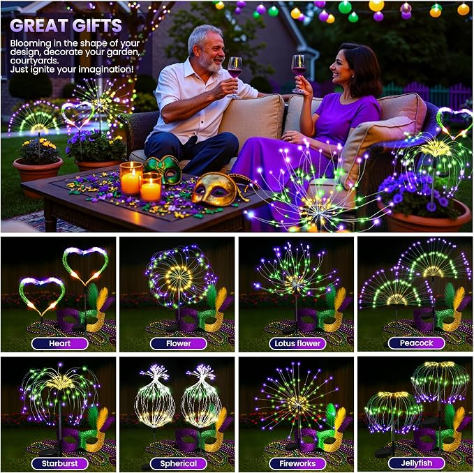 PEVOROS Solar Firework Garden Lights Outdoor, Purple/Yellow/Green, 4 Pack | 120 LEDs, Waterproof, Fairy Garden Decor, Auto On/Off, Solar Powered, for Yard, Patio, Porch, Flower Pot, Pathway