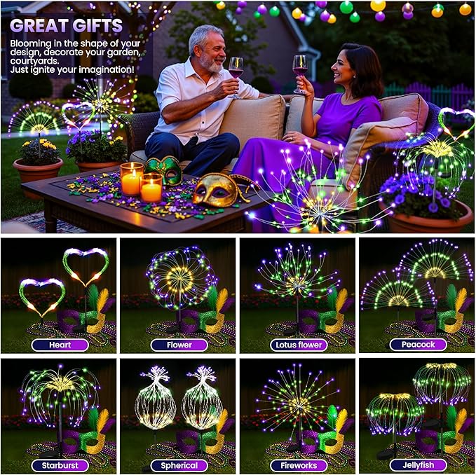 PEVOROS Solar Firework Garden Lights Outdoor, Purple/Yellow/Green, 6 Pack | 120 LEDs, Waterproof, Fairy Garden Decor, Auto On/Off, Solar Powered, for Yard, Patio, Porch, Flower Pot, Pathway