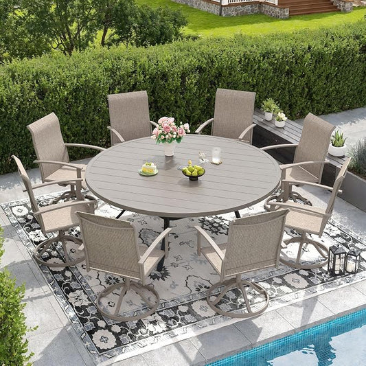 DIFY 9 Pieces Outdoor Dining Set for 8, 63" Grey Wood-Like Round Metal Table with Umbrella Hole and Sandshell Textilene Swivel Patio Chairs, Patio Table and Chairs Set for Garden, Backyard, Poolside