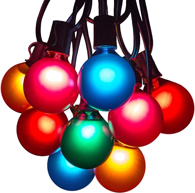 25 Foot Outdoor Colored String Lights with G50 Assorted Bulbs – Black Wire | G50 Assorted Satin Pearl 2 Inch Globe Bulbs for Patio Balcony Awning Canopy and Party Lighting