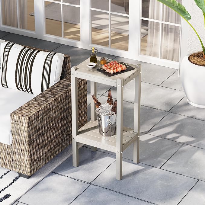 Costaelm Paradise 36"" Outdoor Adirondack HDPE 2-Tier Patio Side Table, Sand, COS02991