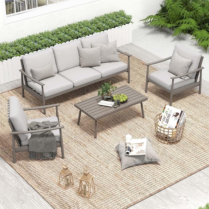 HAPPATIO Patio Outdoor Furniture Set - 4 Piece Aluminum Patio Conversation Set with 1 Coffee Table, 2 Armchairs and 1 Three-Seater Sofa, Aluminum Outdoor Furniture Set for Backyard Poolside (Grey)
