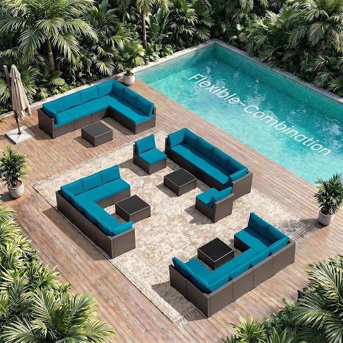 Patio Furniture Set - All-Weather - 7 Piece Patio Outdoor Conversation Set, Modular Wicker Rattan Sectional Sofa for Backyard, Garden, Poolside, Balcony, Porch, Patio, Brown/Peacock Blue