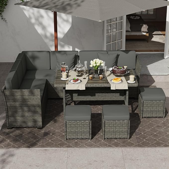 KIGOTY 7 Piece Patio Furniture Set, Outdoor PE Wicker Rattan Outdoor Dining Set, Patio Table and Chairs Set, Patio Conversation Sofa Set with Dining Table and Ottoman(Grey-Grey)