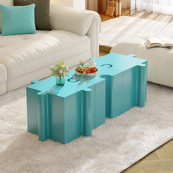 Christopher Knight Home Daton Interlocking Puzzle Outdoor Side Table, Lightweight Concrete Patio Coffee Table, Concave Edge MGO Modular End Table, Creative Set Up for Indoor&Outdoor Use, Sky Blue