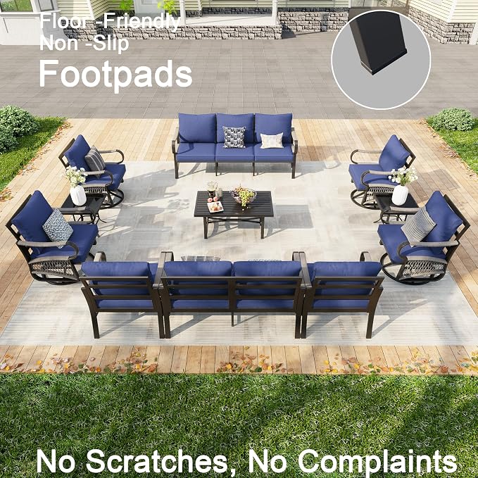 11 Pieces Patio Furniture Set, Metal Outdoor Conversation Sets with Swivel Chairs, Modern Couch Sofa Seating Group with Coffee Table and Side Table (Thick Blue Cushions)