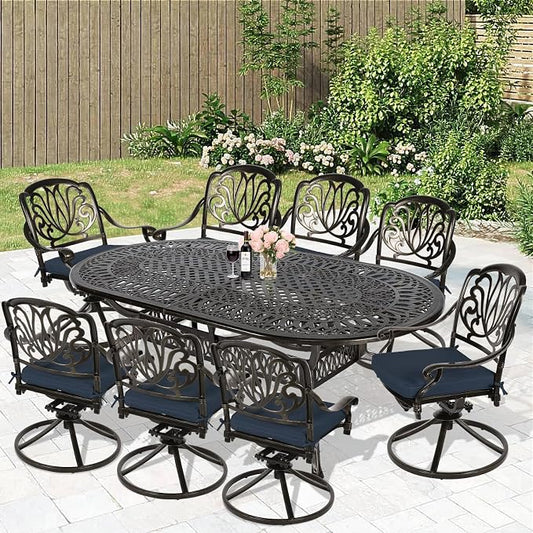 MEETWARM 9-Piece Patio Dining Set Outdoor Furniture with 8 Cushioned Swivel Rocker Chairs and Large Table, All-Weather Cast Aluminum Patio Conversation Set for Backyard, 2" Umbrella Hole, Navy Blue