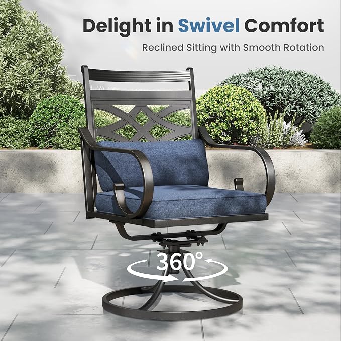 PHI VILLA 7 Pieces Outdoor Dining Set for 6 | 60" Table, Blue Cushion, Fixed & Swivel Chairs, 60" Rectangle Metal Table with Umbrella Hole & Fixed Swivel Chairs Combo