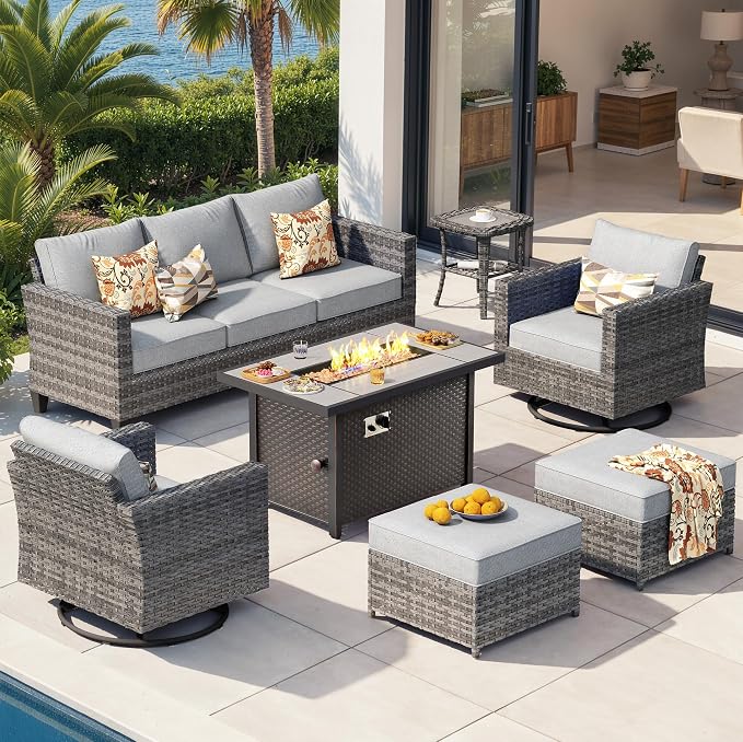 CAODOC 7-Piece Outdoor Wicker Patio Set with 7 Seats, Including 43" Fire Pit - Swivel Rocker Chairs and Conversation Set for Backyard or Lawn, Gray Rattan with Waterproof Dark Gray Cushions