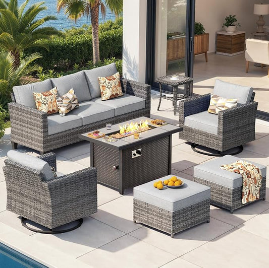CAODOC 7-Piece Outdoor Wicker Patio Set with 7 Seats, Including 43" Fire Pit - Swivel Rocker Chairs and Conversation Set for Backyard or Lawn, Gray Rattan with Waterproof Dark Gray Cushions