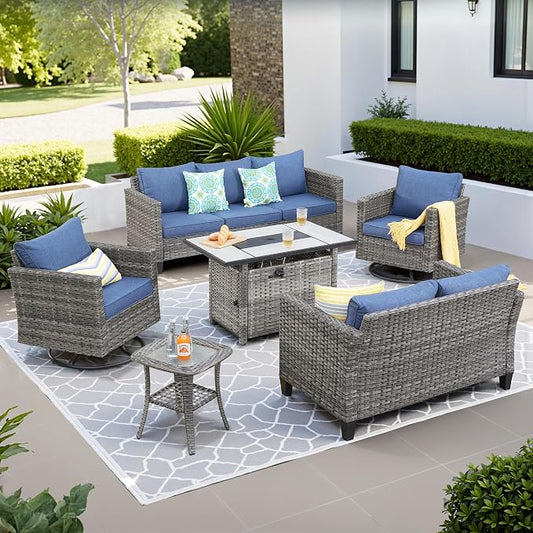 ovios 6 Pieces Patio Furniture Set with Rectangular Fire Pit Table, Swivel Rocking Chairs, Loveseat, Outdoor High Back Wicker Rattan Conversation Set for Deck Porch, Denim Blue