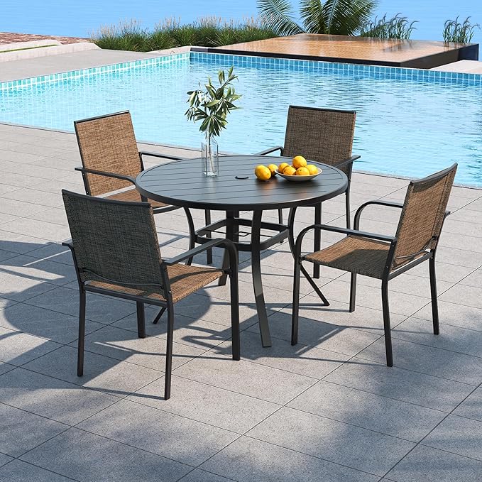 Outdoor 41" Metal Round Table and Brown Stacking Chairs Patio Dining Set 5 | 4 Piece Stackable Chairs Textilene Seat and Back, Table and Chair with Metal Frame, Round Slat Table Top, 1.9" Umbrella Hole