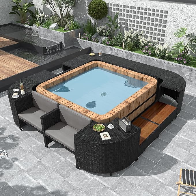 LUMISOL Outdoor Spa Surround Furniture with Storage Spaces, Patio Rattan Sectional Sofa Set with Mini Sofa, Gray