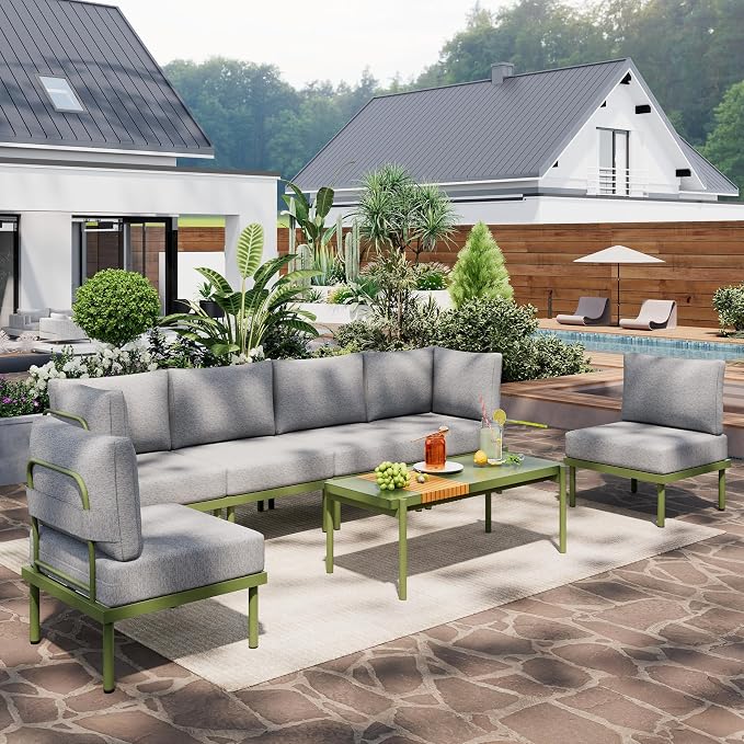 Sundale Outdoor 7 Pieces Metal Patio Furniture Set, Outdoor Sectional Sofa with 6 Inch Olefin Cushion, Modern Outdoor Conversation Sets for Backyard, Poolside, Sunroom (Grey/Green)