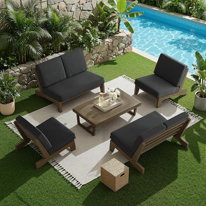 7 Pieces All Weather Wood Patio Furniture Sets, 2 Patio Loveseat, 4 Patio Bistro Chair, Outdoor Sectional Sofa Furniture Backyard Conversation Set with Coffee Table - Dark Gray