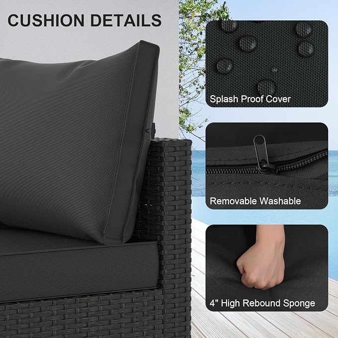 Patio Furniture Set, 6PCS Patio Sectional w/ Fire Pit Tabel Ottoman Wicker Rattan Outdoor Furniture with Thickened Cushion Modular Wicker Patio Conversation Set with Glass Top Table for Balcony(Black)