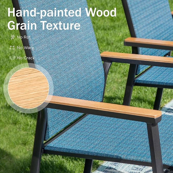 PHI VILLA Round Outdoor Dining Set for 4 with Aluminum Chairs, Blue | Stackbale chairs, Breathable & quick-drying sling, Light-weight & space-saving, Metal Table, Umbrella Hole, Patio deck
