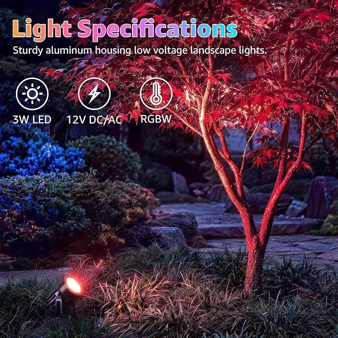 SUNVIE 3W RGBW LED Low Voltage Landscape Lighting Kit, Dusk to Dawn, 12 PCS | Color Changing Landscape Lights, IP65 Waterproof, Aluminum, All-in-One Landscape Lighting Kit, for Yard Garden Tree House