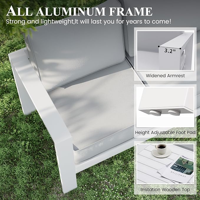 Aluminum Patio Furniture,Outdoor Metal Sectional Sofa with Table and Waterproof Covers,White Modern Patio Furniture Set for Garden Backyard (8-Piece)