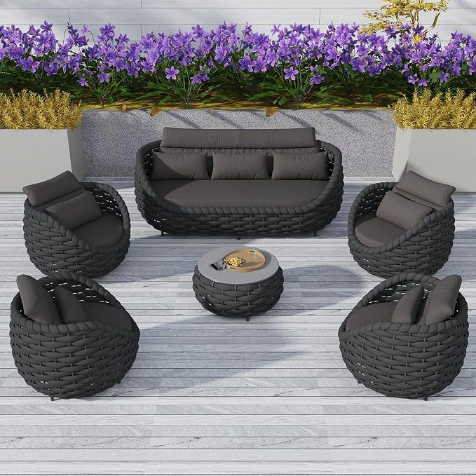 TWT Outdoor Patio Furniture Set-6 Pieces Aluminum Sectional Sofa, Metal Patio Conversation Set with Threeseat & Armchair, Textile Rope and Coffee Table, Dark Grey