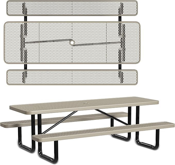 Leisure Craft Metal Picnic Table with Bench - 8 ft Rectangle Outdoor Dining Table for 8, Umbrella Hole, Weatherproof Heavy Duty Thermoplastic Coating, Commercial Grade Furniture Made in USA - Beige