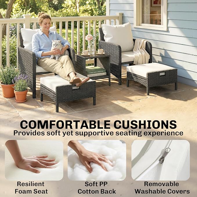 Outsunny 5 Piece Patio Furniture Set, Wicker Balcony Furniture with 23.6" Wide Deep Seat, 2 Ottomans, Glass Coffee Table, Cushions, Rattan Outdoor Conversation Patio Set for Garden Porch, Beige