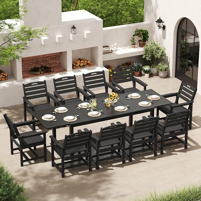 PIZZELLO 11 Pieces Outdoor Dining Set, 106" Extendable Aluminum Patio Dining Table w/ 10Pcs HDPE Patio Chairs, All Weather Outdoor Table and Chairs Sets for Backyard, Garden and Deck