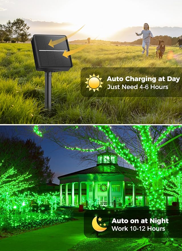 Minetom Solar String Lights Outdoor, 40FT 100 LED Green String Lights | Solar Powered String Lights for St Patrick Decoration with 8 Lighting Modes, Waterproof Solar Lights for Outside Tree, Green
