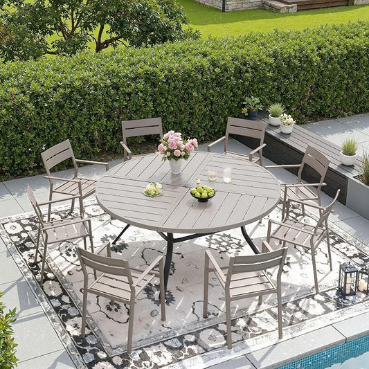 DIFY 9 Piece Outdoor Patio Dining Set for 8, 53.1" Round Dining Table with Umbrella Hole and Stackable Metal Chairs, Patio Table and Chairs Set for Backyard Garden Poolside, Grey Wood-Like & Sandshell