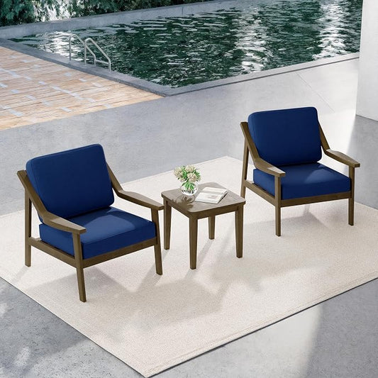 Outdoor Patio Furniture Set, 3 Piece Patio Conversation Sets with Washable Thick Cushions, All-Weather Solid Wood Patio Bistro Set for Porch, Balcony, Natural Frame & Navy Cushion