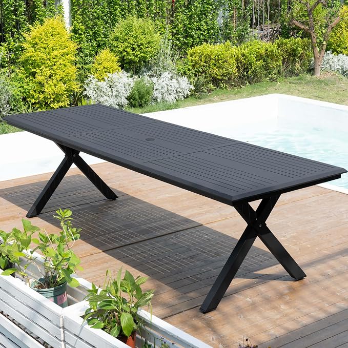 Pellebant 118" Aluminum Outdoor Patio Dining Table for 10-12, 10ft Weather-Resistant Black Tabletop with Umbrella Hole, Sturdy Frame – Large for Deck, Porch, Poolside