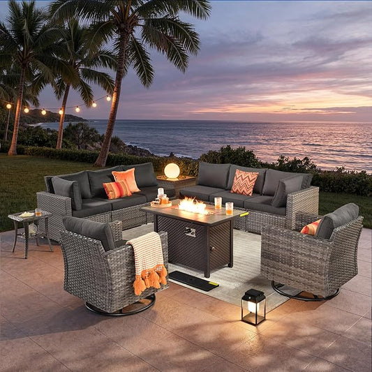 ovios 11 Piece Outdoor Patio Furniture Set with Fire Pit Table,Conversation Sectional Wicker Couch with Swivel Chairs,Modern Outside Sofa for Balcony Backyard, Black